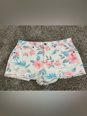 Tokyo Darling High Waisted Shorty Floral Frayed Distressed Denim Shorts Size 4